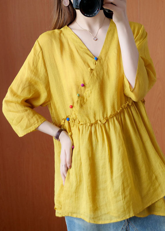 Yellow V Neck Button Fall Blouses Half Sleeve