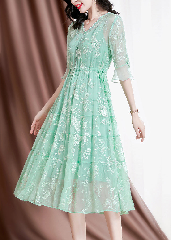 Green V Neck Embroideried Drawstring Silk Vacation Dresses Flare Sleeve