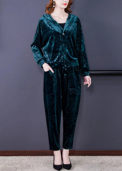 Green Zip Up Silk Velour Coats and Harem Pants Two Pieces Set Long Sleeve Spring