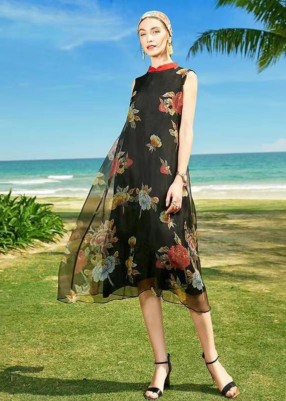 Black Stand Collar Patchwork Holiday Silk Two Pieces Set Summer
