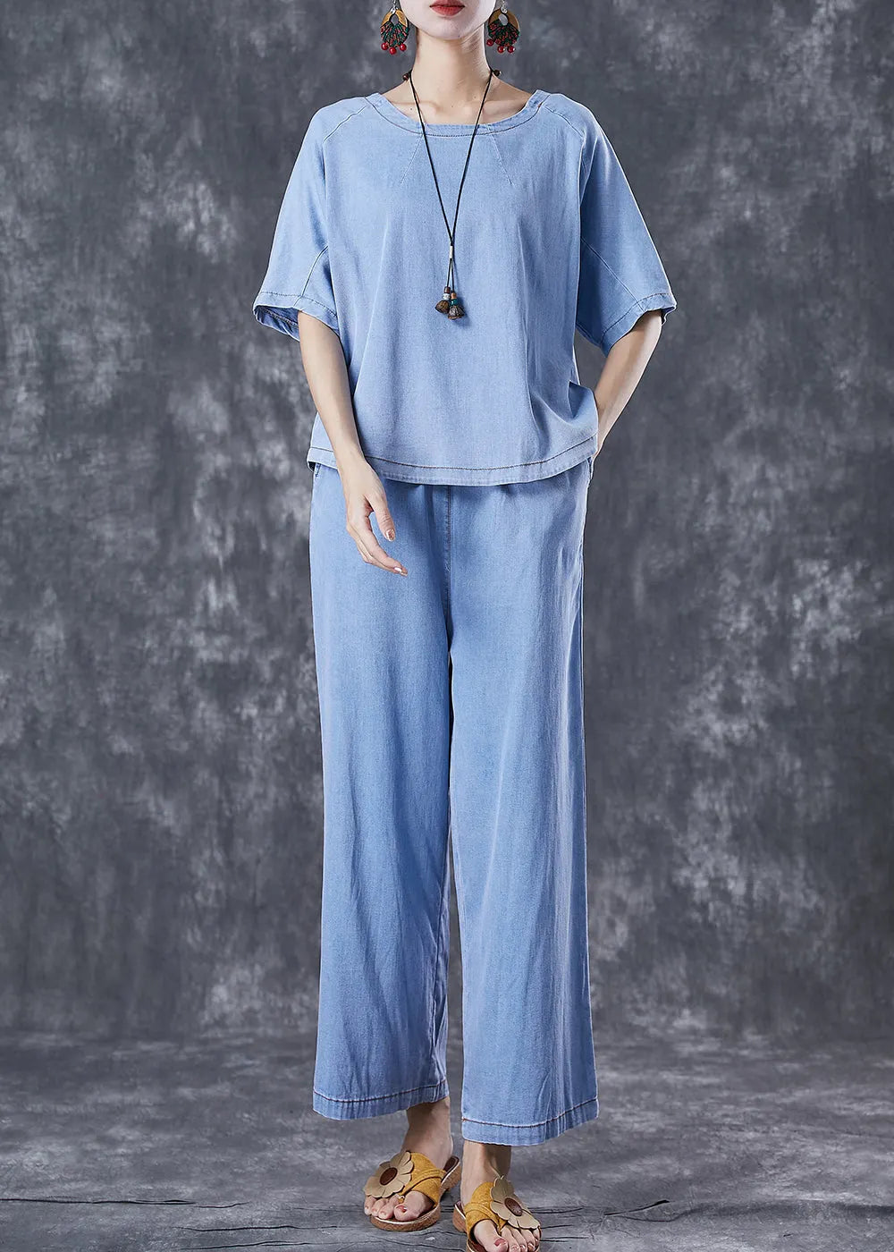 Light Blue Oversized Draping Denim Two Piece Set Outfits Summer