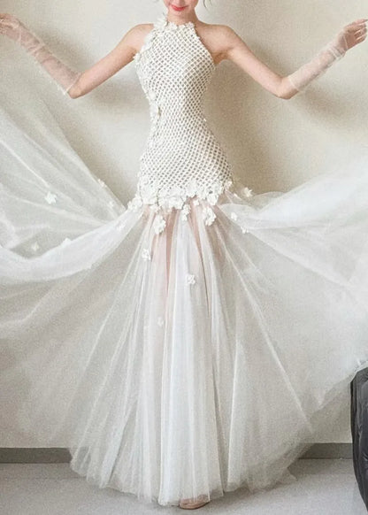 White Hollow Out Tulle Patchwork Party Dress Sleeveless