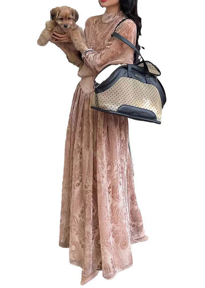 French Pink Turtleneck Print Silk Velour Long Dress Long Sleeve