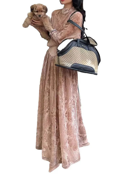 French Pink Turtleneck Print Silk Velour Long Dress Long Sleeve