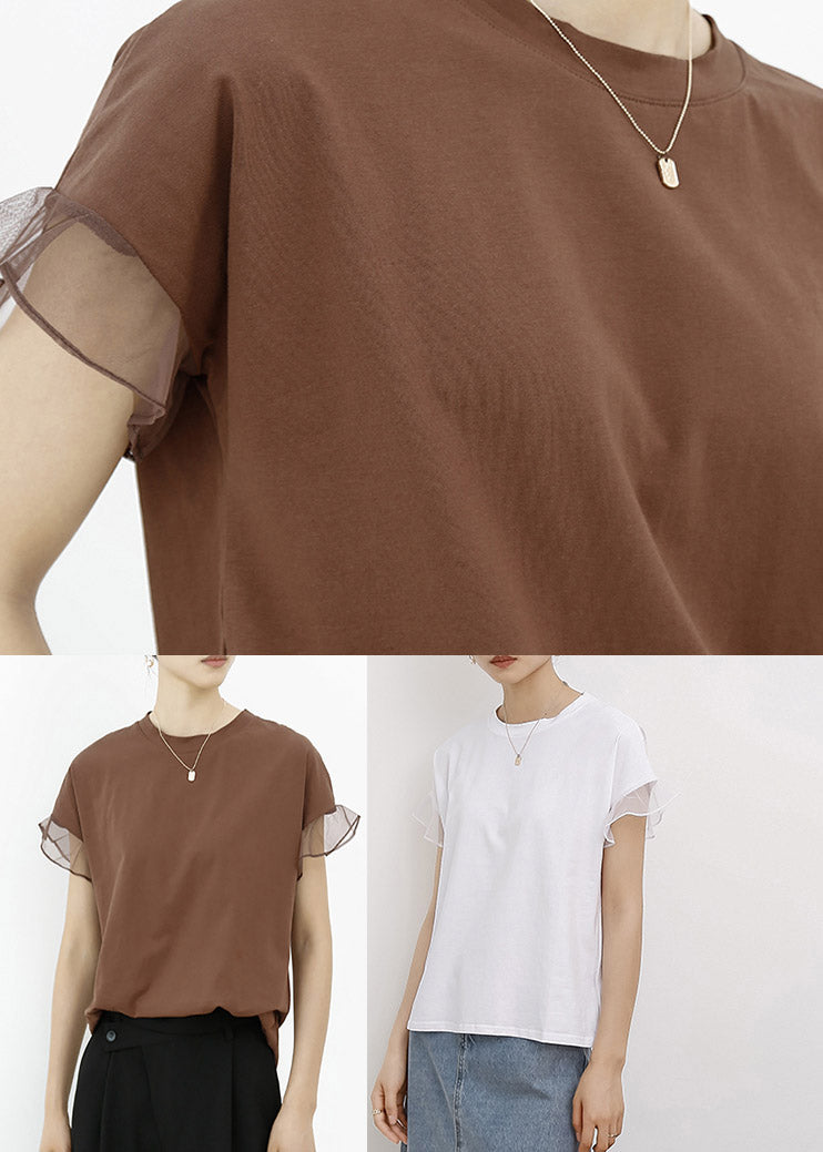 Brown Tulle Patchwork Cotton T Shirt Summe