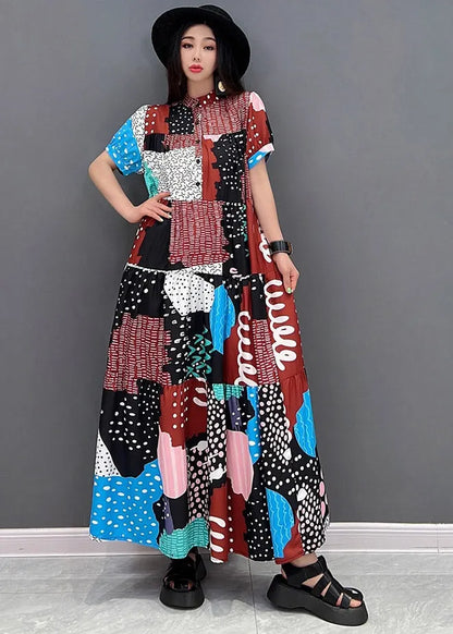 O-neck Print Button Long Dresses Short Sleeve
