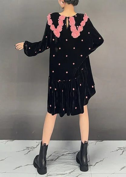 French Black Wrinkled Patchwork Jacquard Velour Dress Fall