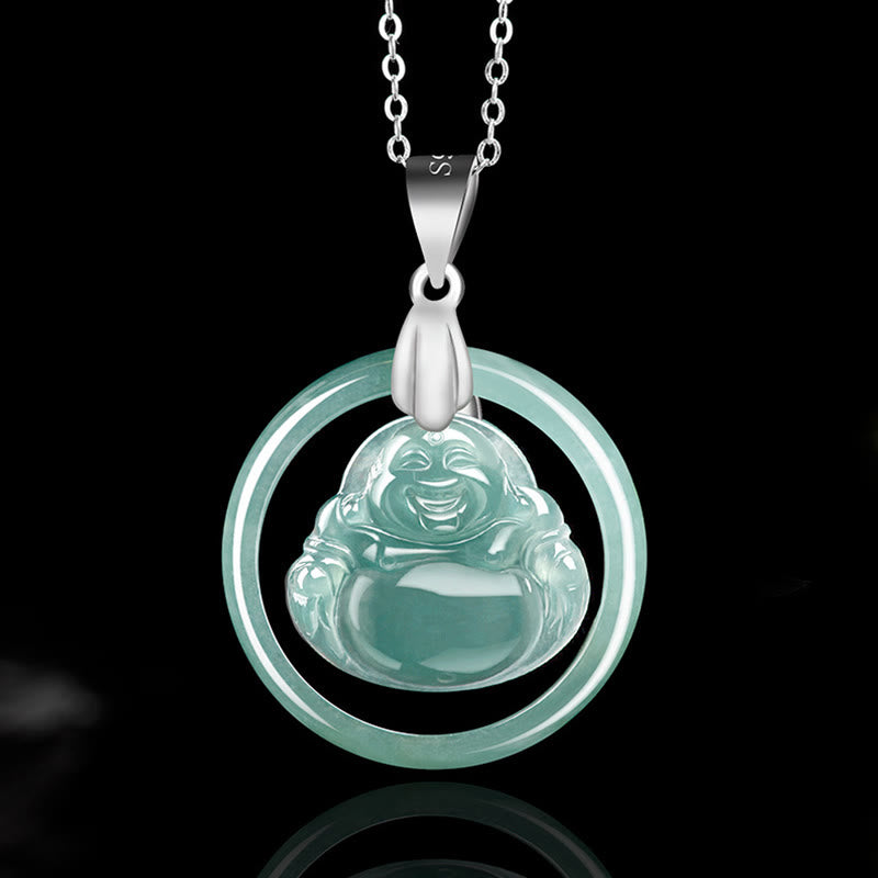Buddha Stones Natural Jade Round Laughing Buddha Abundance Titanium Steel Chain Necklace Pendant