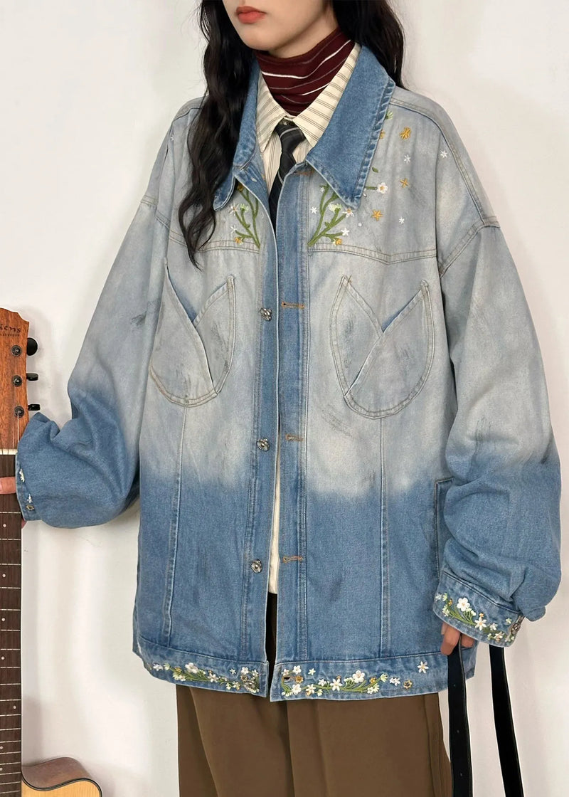Gradient Color Embroidered Pockets Denim Coats Fall