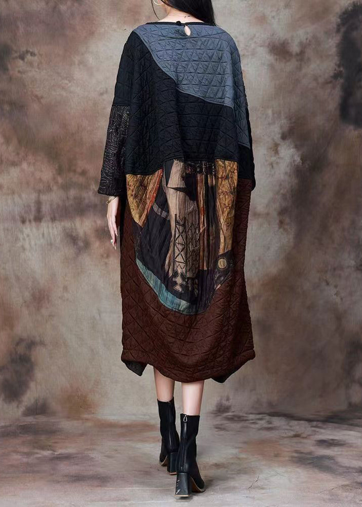 Blue Asymmetrical Patchwork Cotton Filled Long Dress Spring