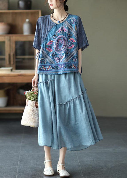 Style Pink Print Side Open Tie Summer Linen Blouses Half Sleeve