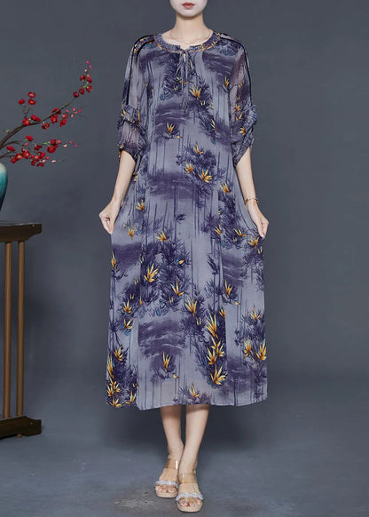 French Purple O-neck Print Chiffon Dresses Bracelet Sleeve