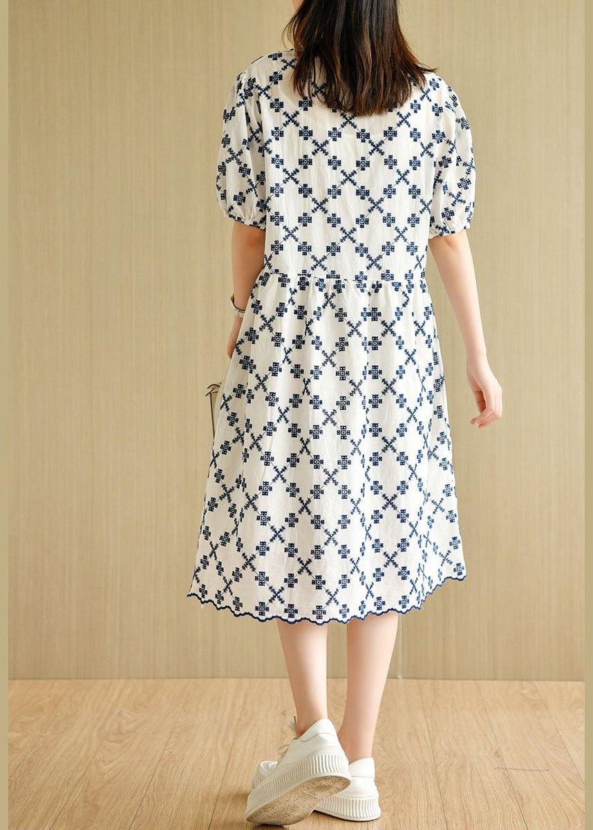 White V Neck Embroideried Summer Cotton Mid Dress Short Sleeve