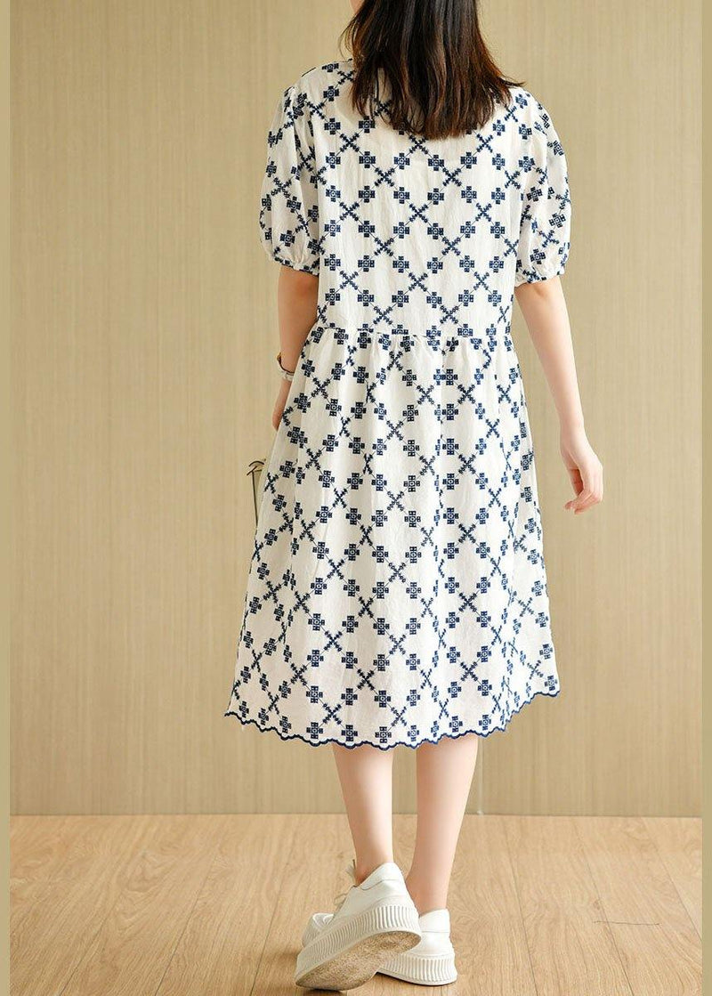 White V Neck Embroideried Summer Cotton Mid Dress Short Sleeve