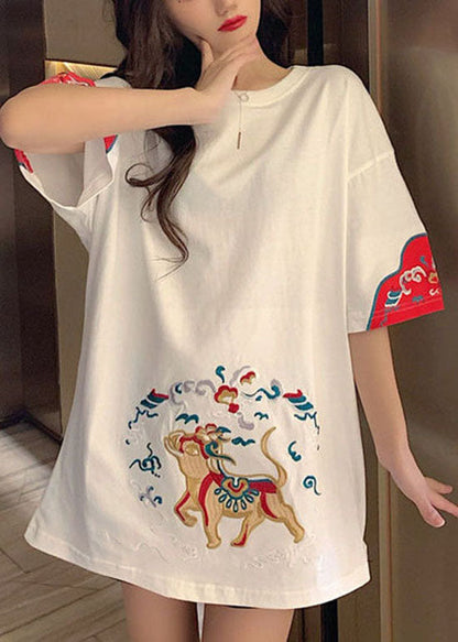 White O-neck Embroideried Tanks Short Sleeve