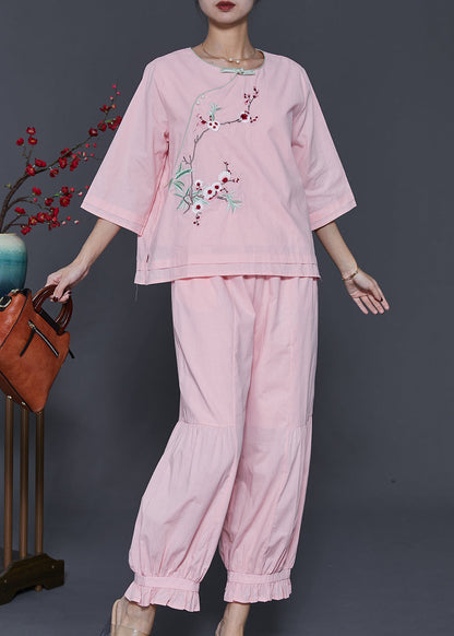 Pink Embroidered Patchwork Cotton Two-piece Set Spring