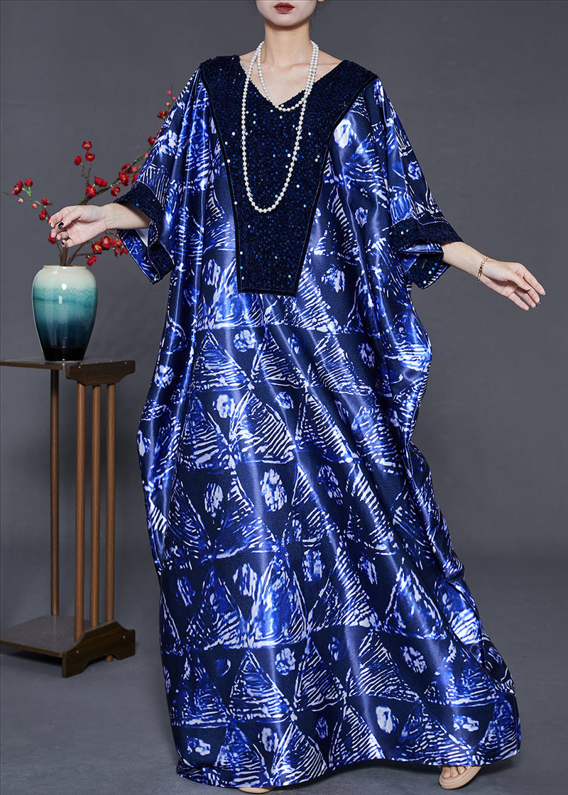 Navy Sequins Print Silk Long Dress Batwing Sleeve