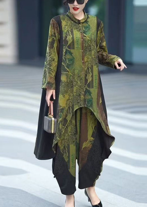 Green Button Patchwork Tops and Crop Pants Silk Two Pieces Set Fall