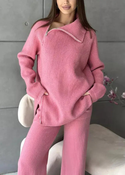 Stylish White High Neck Zip Up Knit Sets 2 Pieces Spring