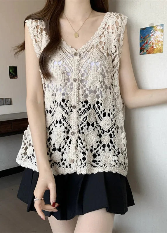 Apricot V Neck Hollow Out Knit Vest Sleeveless