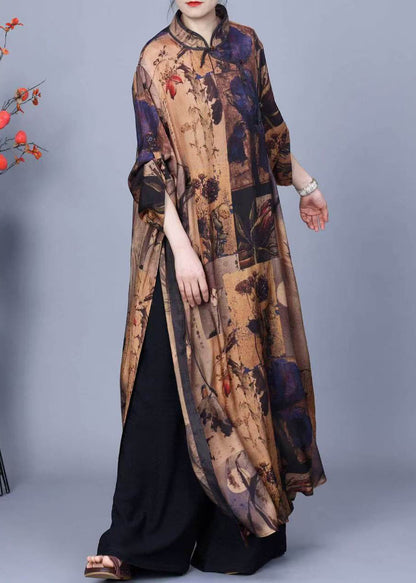 Stand Collar Print Side Open Silk Two Pieces Set Winter