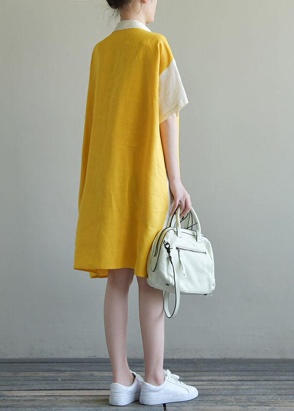 Stylish Colorblock Button Peter Pan Collar Patchwork Multi Cotton a Line Dress Short Sleeve