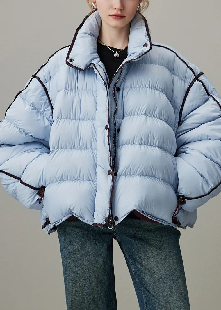 Loose Blue Stand Collar Zippered Drawstring Duck Down Puffer Coat Winter