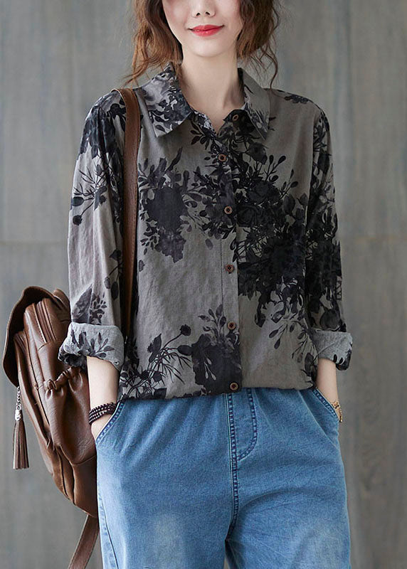 Unique Yellow Leopard Print Peter Pan Collar Button Print Fall Blouses Long Sleeve