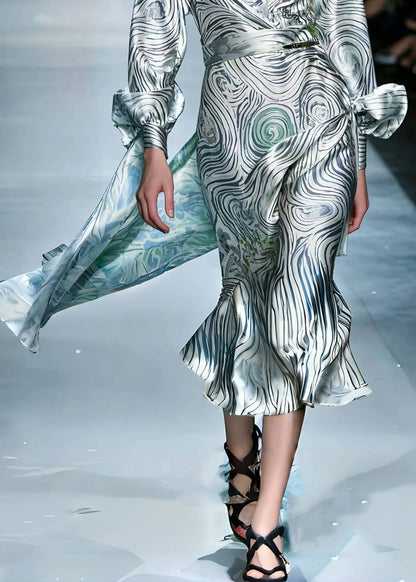 Grey Asymmetrical Striped Silk Robe Dresses Spring