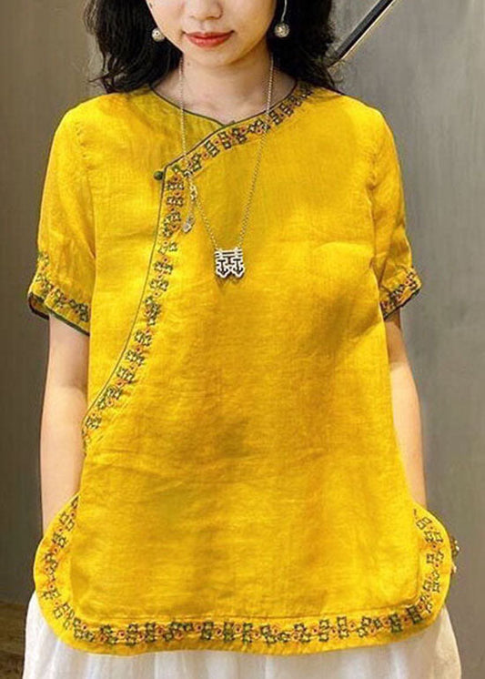 Chinese Style Yellow O-neck Embroideried Linen Tops Short Sleeve