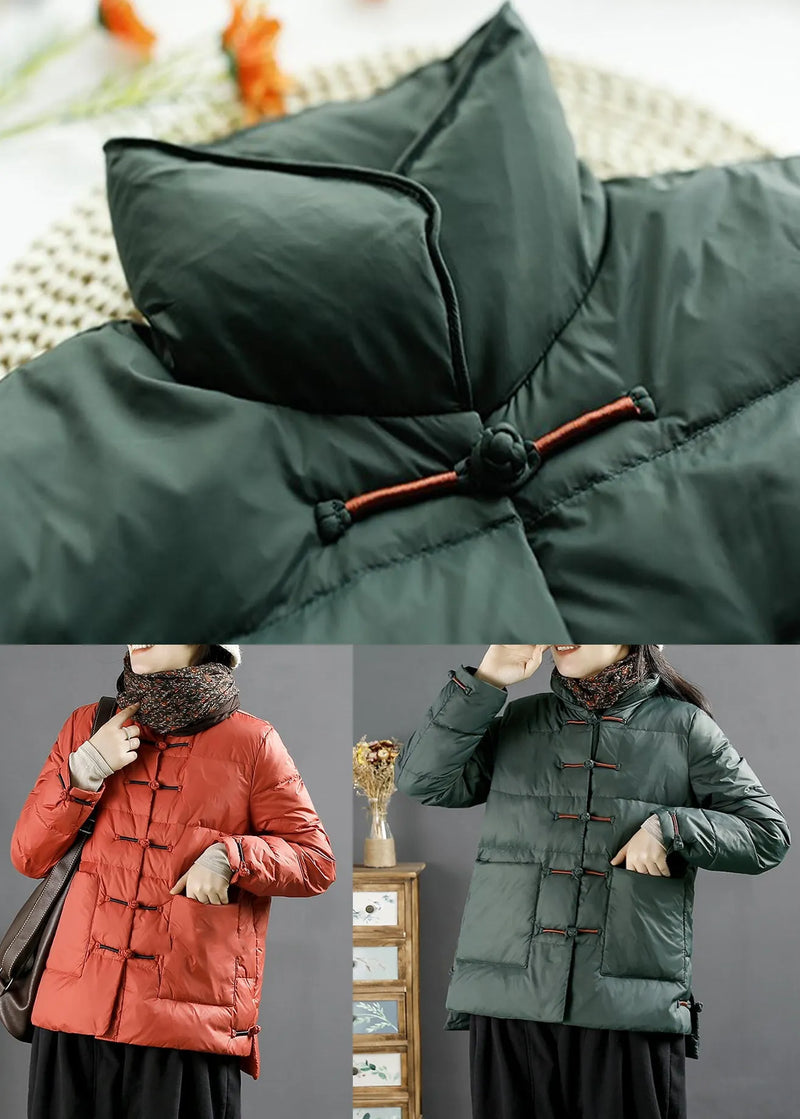 Green Button Pockets Duck Down Coats Long Sleeve