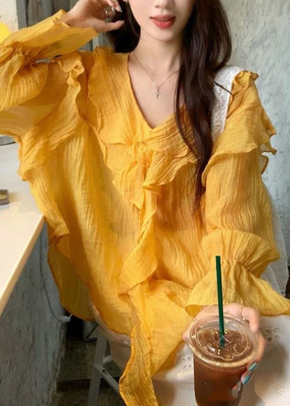 French Yellow Ruffled Cozy Shirt Flare Sleeve