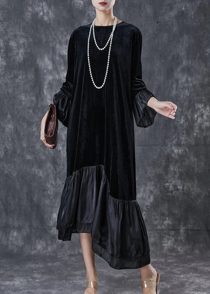 French Black Asymmetrical Patchwork Silk Velour Long Dress Spring
