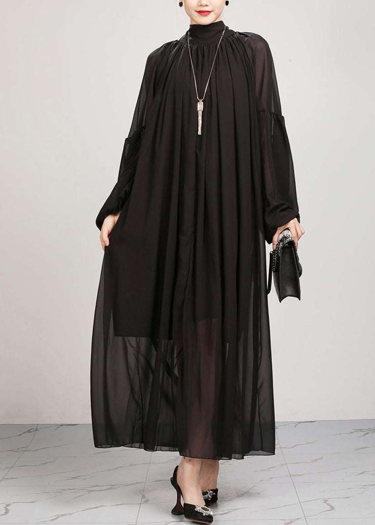 Black Turtleneck Chiffon Maxi Dresses Lantern Sleeve Fall