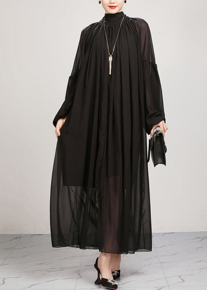 Black Turtleneck Chiffon Maxi Dresses Lantern Sleeve Fall