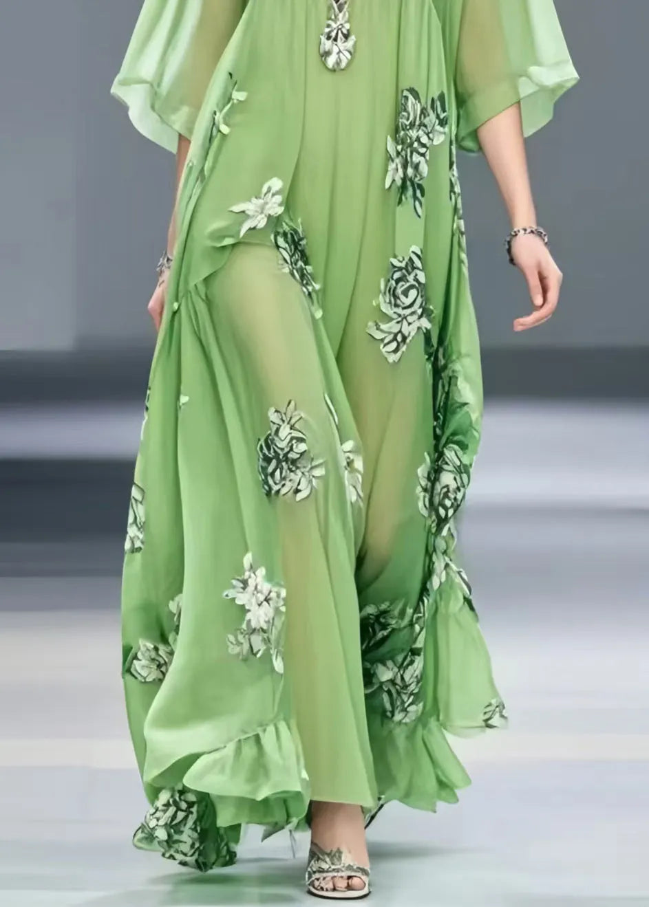 Light Green Print Chiffon Maxi Dress Exra Large Hem Summer