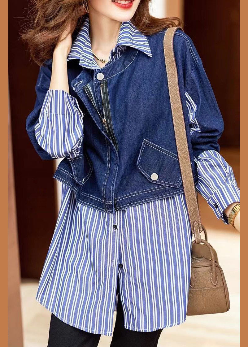 Fine Blue Button Peter Pan Collar Denim Patchwork Striped Shirts Spring