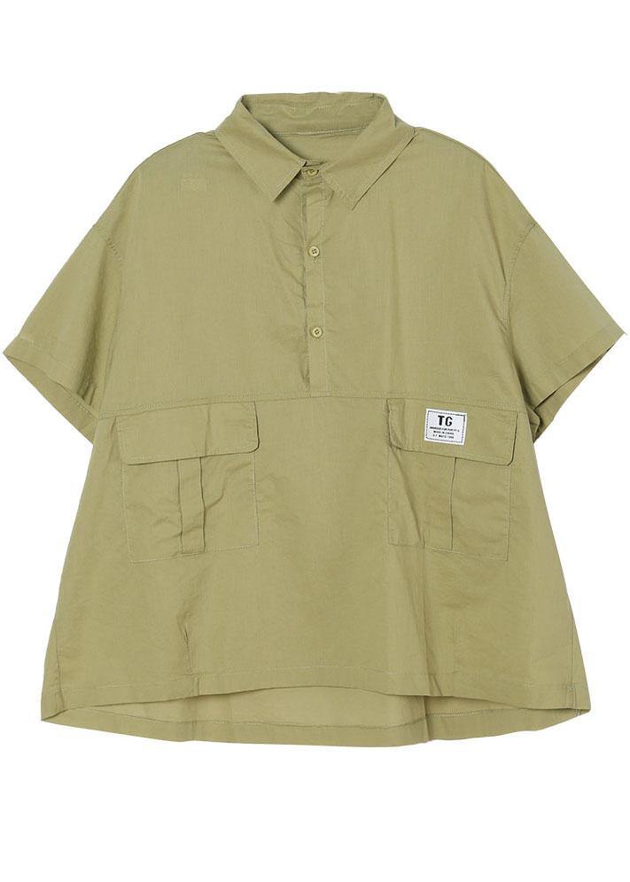 Green Pockets Cotton Blouse Tops Short Sleeve