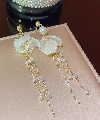 Gold Acrylic Alloy Pearl Petal Tassel Drop Earrings