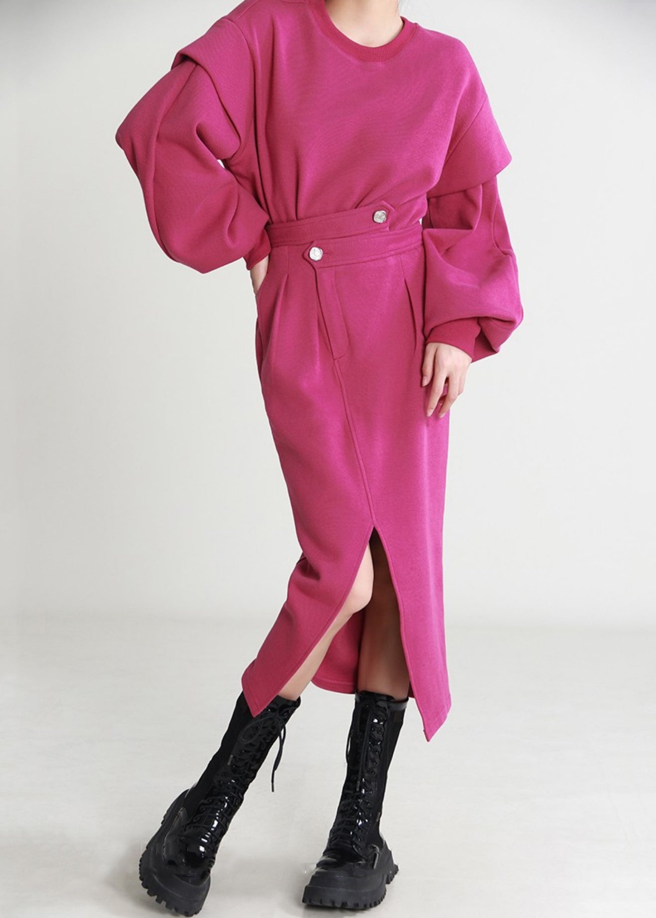 Rose O Neck Side Open Cotton Two Pieces Set Long Sleeve