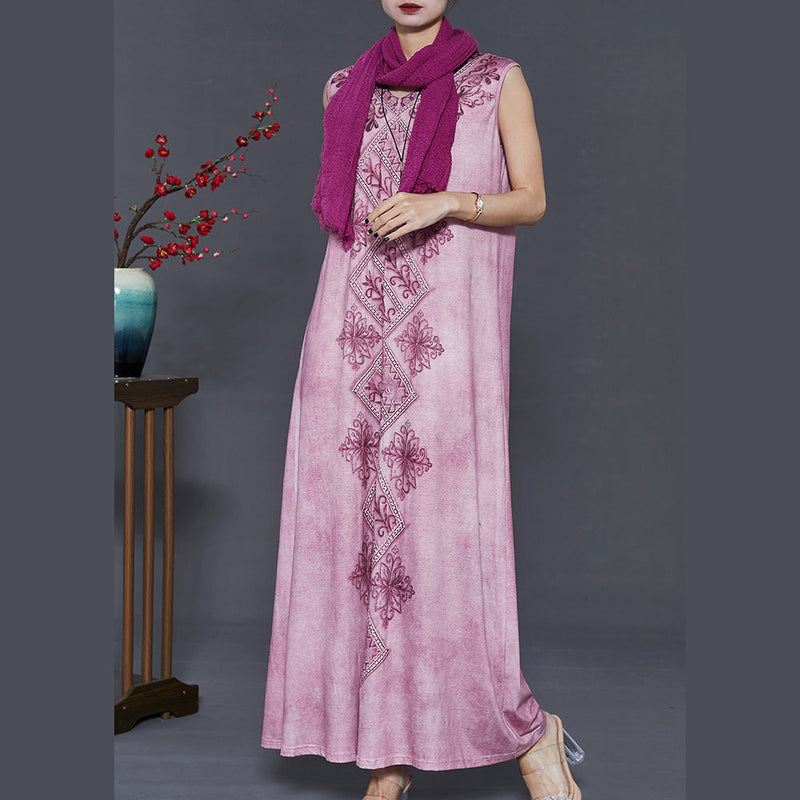 Purple Embroidered Tie Dye Cotton Dress Sleeveless
