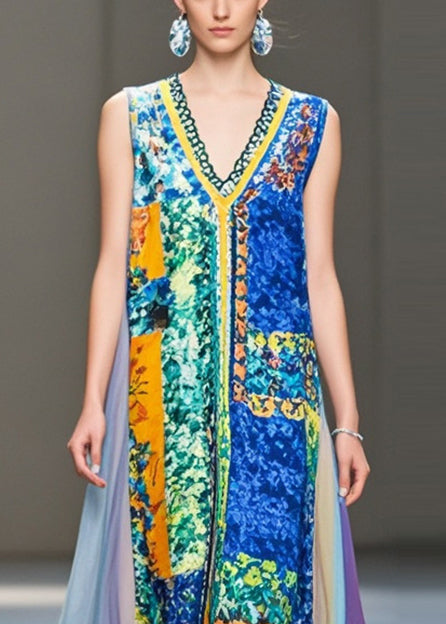 Modern Blue V Neck Patchwork Print Chiffon Robe Dresses Sleeveless Summer