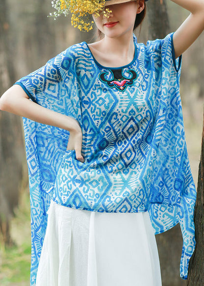 Blue Asymmetrical Design O-neck Embroideried Print Tops Spring