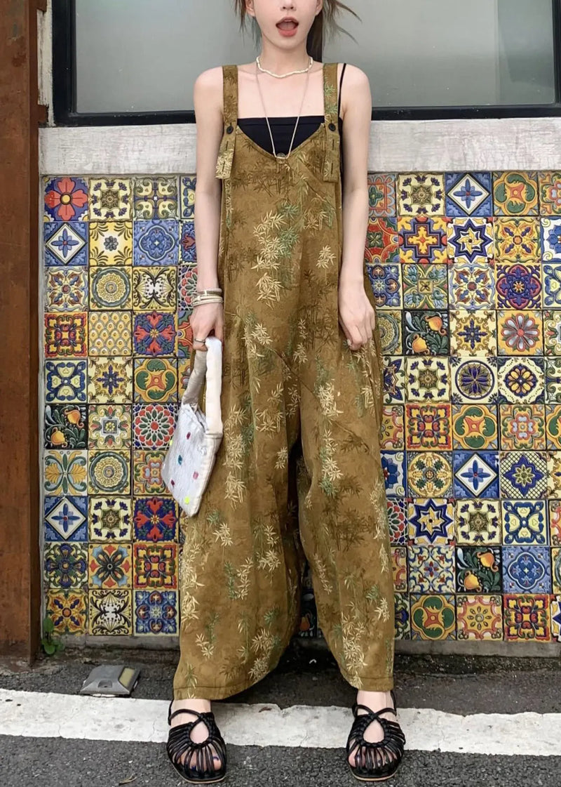 New Yellow Print Button Cotton Wide Leg Jumpsuits Sleeveless