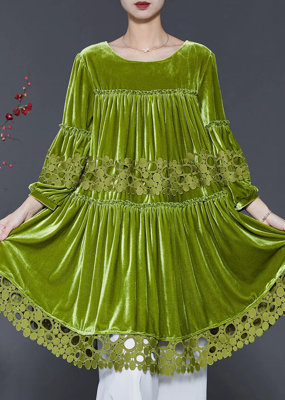 Handmade Grass Green Oversized Patchwork Silk Velour Dresses Spring