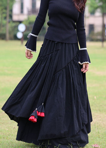 Black Cinched Patchwork Cotton Skirt Spring