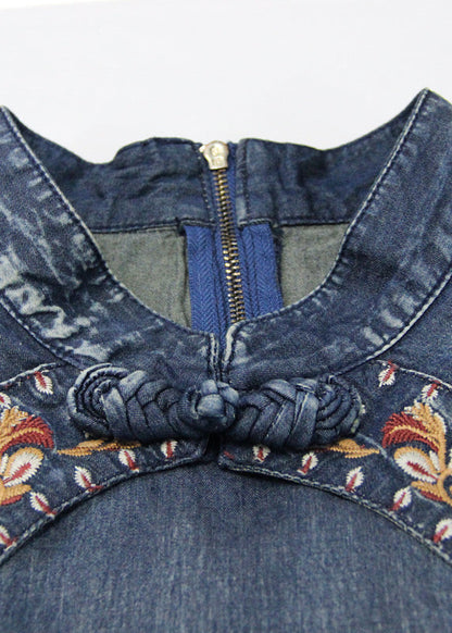 Blue Mandarin Collar Ruffled Cotton Long Denim Dress Cloak Sleeve