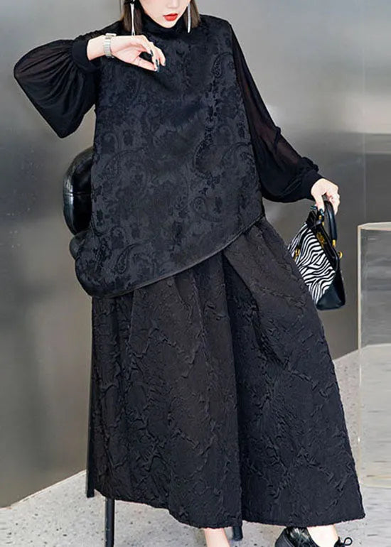 Organic Black Jacquard Asymmetrical Tops Loose Vest a Line Skirt Three Piece Outfit Spring