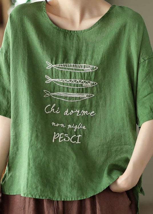 Green Patchwork Linen Blouse Top Embroideried Summer
