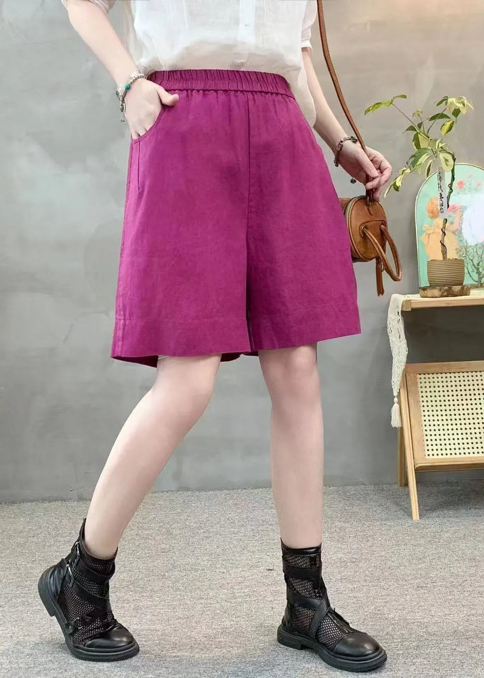 Purple Oversized Pockets Linen Shorts Pants Summer